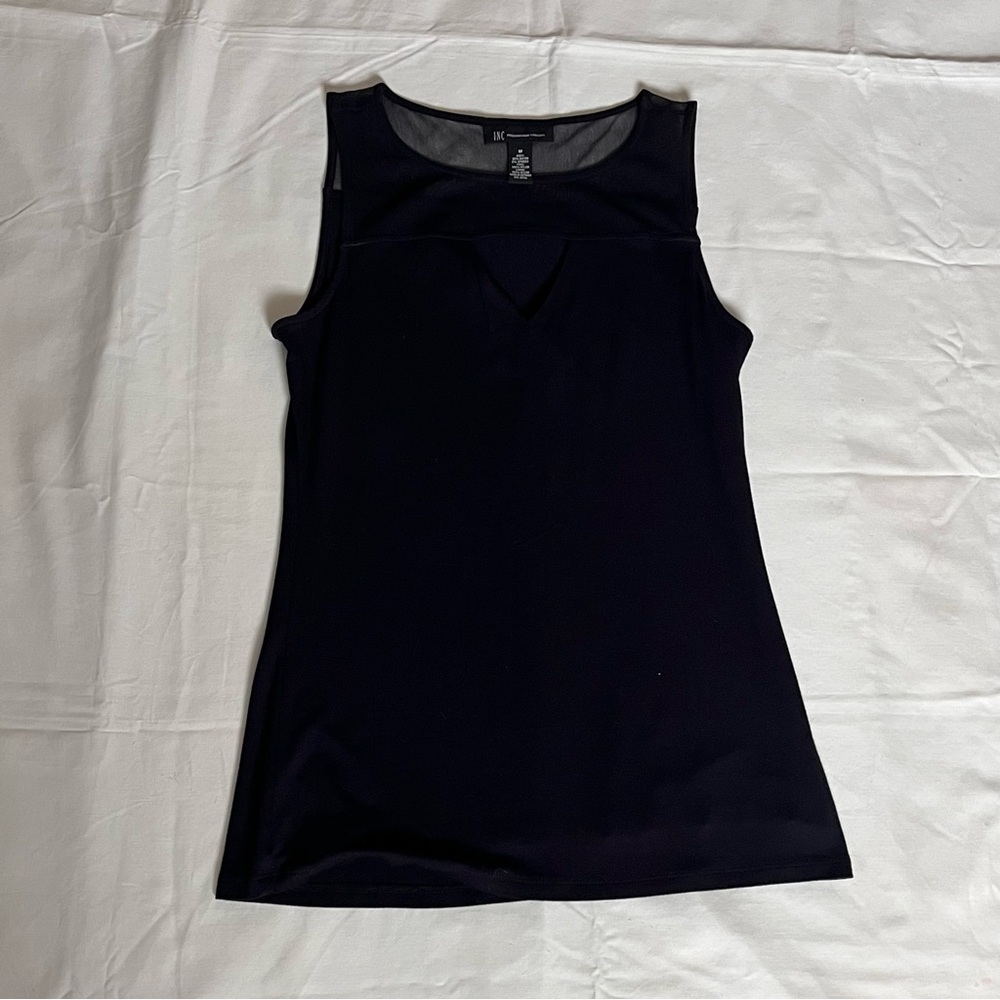 INC Chic Soft Stylish Sleeveless Long Shirt, Mesh & Keyhole Details, Sz M, Black